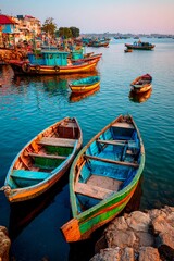 Obraz premium Vibrant fishing boats float gently in calm waters as the sun sets, casting a warm glow over the harbor. The surrounding area features charming buildings and lush trees