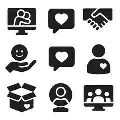 Virtual Emotional Support Icons. Solid, filled icon set of upcycled outdoor bench: log slice seat, metal frame, rope detail,