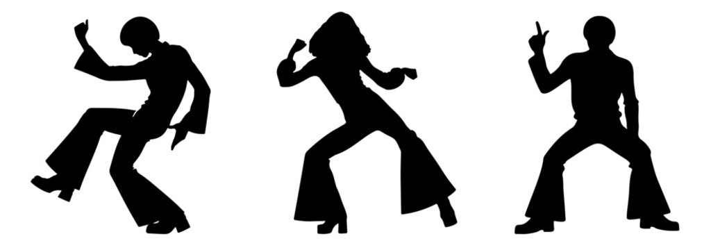 Three disco dancer silhouettes in retro outfits performing dance moves