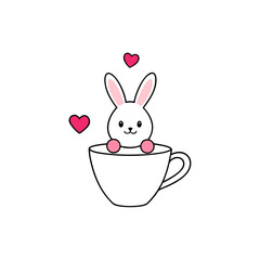 Cartoon Bunny Peeking from Teacup with Heart Icons