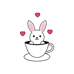 Teacup Bunny with Hearts Flat Vector on Transparent Background