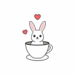 Valentine Bunny in Teacup Cartoon Illustration