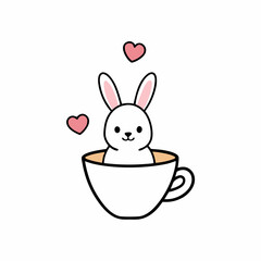 Kawaii Bunny in Cup with Love Hearts on White Background