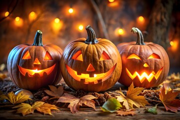 Fototapeta premium Spooky jackolanterns with blurred festive lights in the background