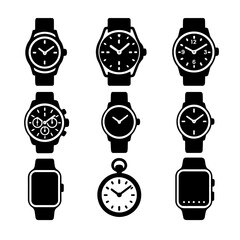 Watch Icon Collection. Solid, filled icon set of watch styles: dress watch, diver watch, pilot watch, racing watch, minimalist