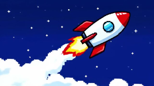 8-bit Pixel Animation of a Stack of Books Transforming into a Rocket