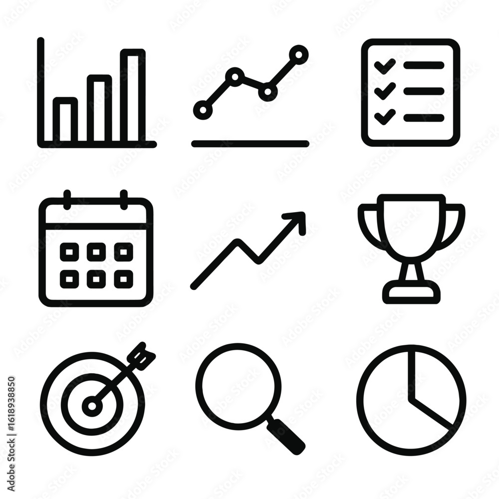 Poster progress icons grid. solid, filled icon set of tracking progress: bar chart, line chart, checklist, 