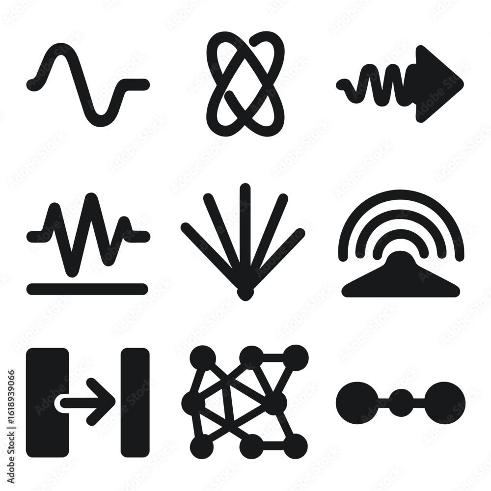 Poster quantum data icons. solid, filled icons set of quantum data flow illustrated: data wave, entangled f
