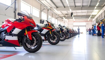 Motorcycles lined up in a large workshop