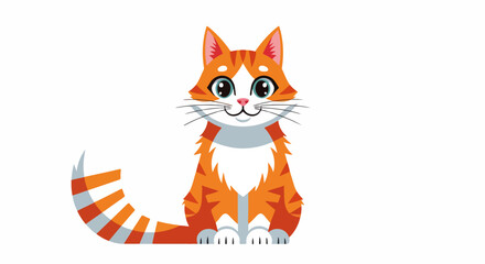 Obraz premium Cartoon cat sitting with friendly expression on white background. Cartoon cat image for children's books and prints, featuring expressive eyes and striped tail.