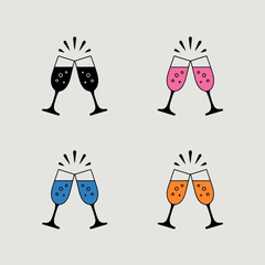 champagne, glass, clink, toast, drink, party, celebration, cheers, alcohol, festive, beverage, icon, vector, outline, silhouette, bubbly, sparkle, wine, cocktail, colorful, pink, orange, blue, black, 
