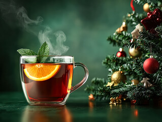 Warm spiced tea with orange slice and mint leaves beside a decorated Christmas tree