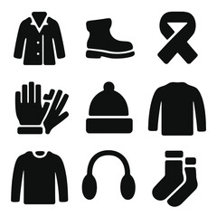 Winter Clothing Icons. Solid, filled icon set of winter outerwear essentials: wool coat, boots, scarf, gloves, hat, sweater,