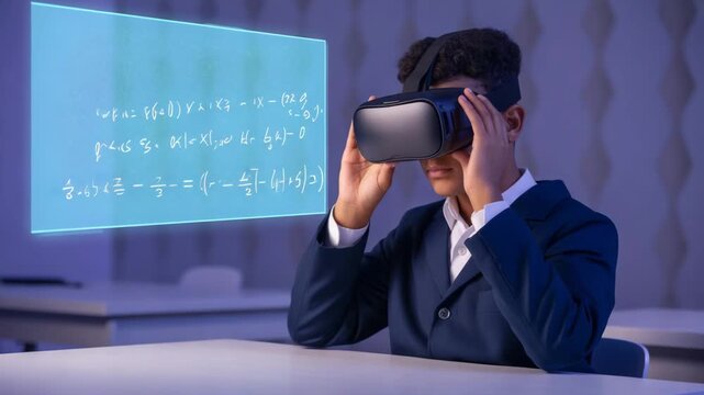 Young Student Engaged with Virtual Reality Headset Displaying Complex Mathematical Equations in a Modern Classroom Setting - Powered by Adobe