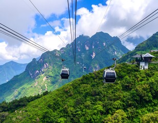 Mountain cable car amidst lush greenery