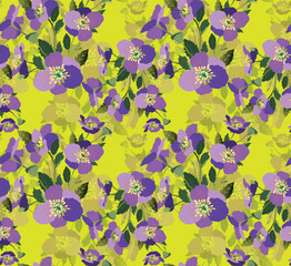 Vector purple sakura cherry blossoms seamless pattern texture green background.