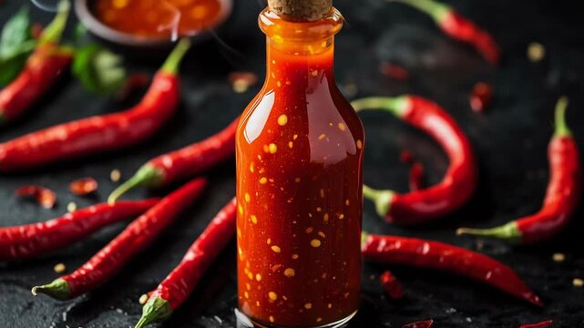 A bottle of hot sauce is on a table with several red peppers. The bottle is almost empty, and the peppers are scattered around it. Concept of abundance and variety, as well as a casual
