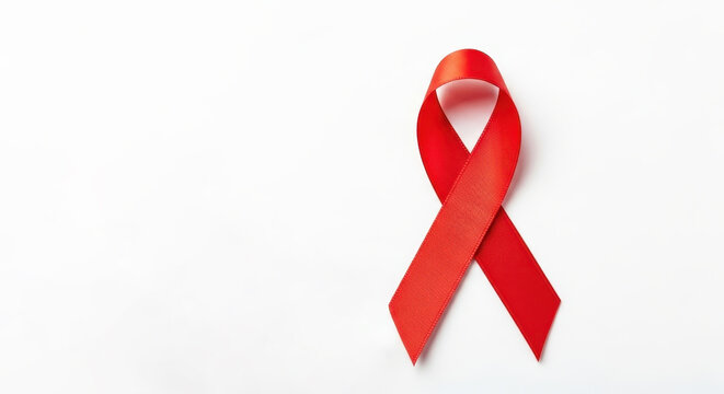 red ribbon on white background symbolizing health awareness. national immunization month. healthcare, illness prevention campaign, HIV, aids banner with copy space