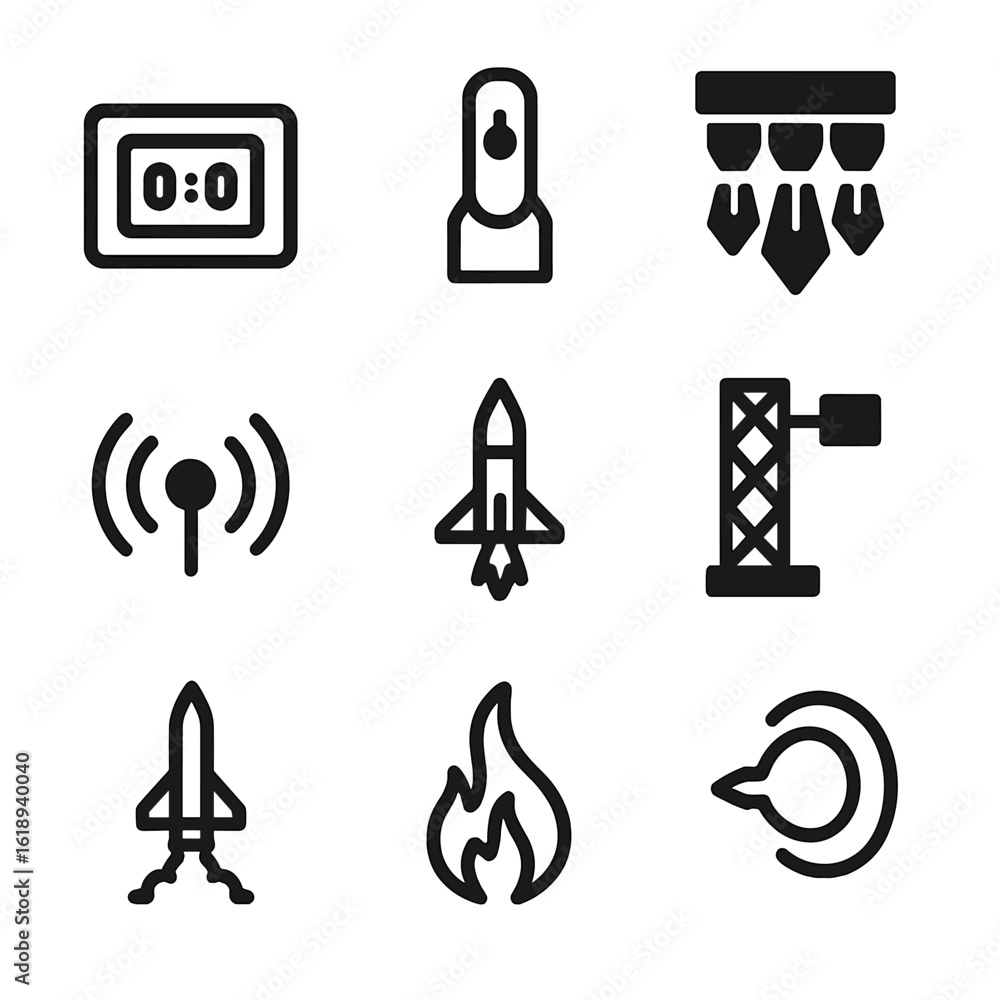 Poster rocket launch icons. solid, filled icon set of cosmodrome launch sequence: countdown clock, ignition
