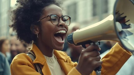 A woman with a microphone is smiling and holding it up. Concept of excitement and enthusiasm, as if the woman is at a rally or a concert. The use of the microphone amplifies her voice - Powered by Adobe