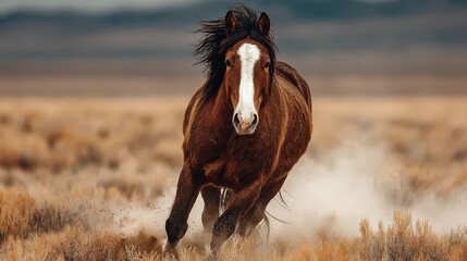 Galloping brown horse in an open field during golden hour in a vast landscape of dry grass and wild terrain