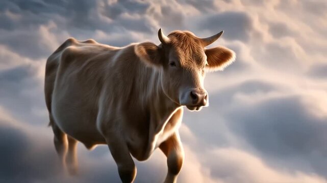 Supercow Flies Over Whimsical Clouds in a Sci-Fi Sky