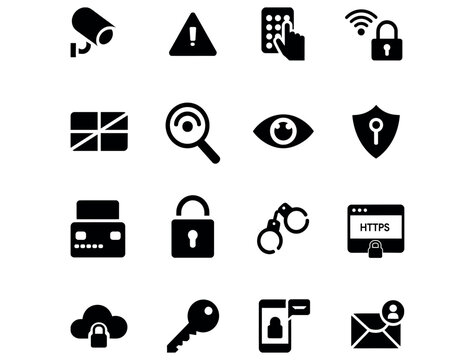 Vector art of a collection of security icons represents various aspects of safety, protection, and privacy, including surveillance, locks, passwords, and internet security measures