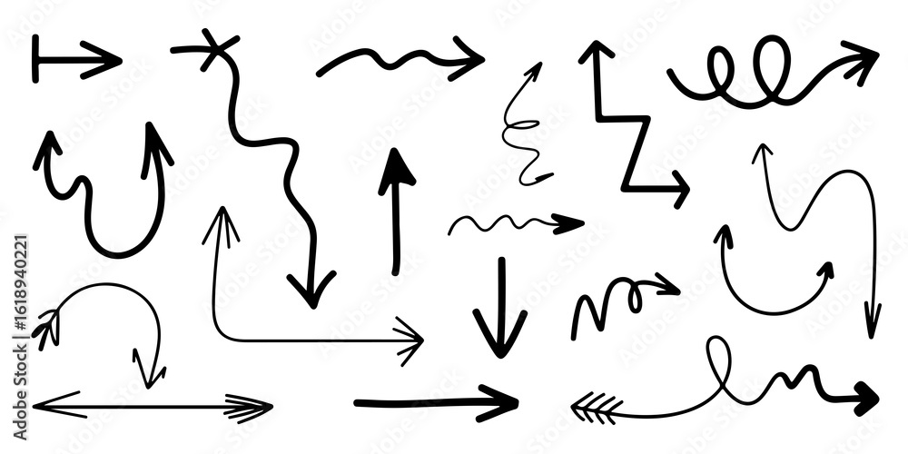 Poster black arrow variations in hand drawn style isolated on white background showing different orientatio