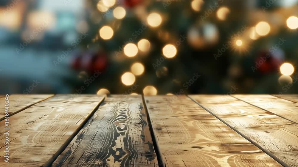 Aufkleber a christmas tree with lights and ornaments is in the background. the tree is surrounded by a wooden 