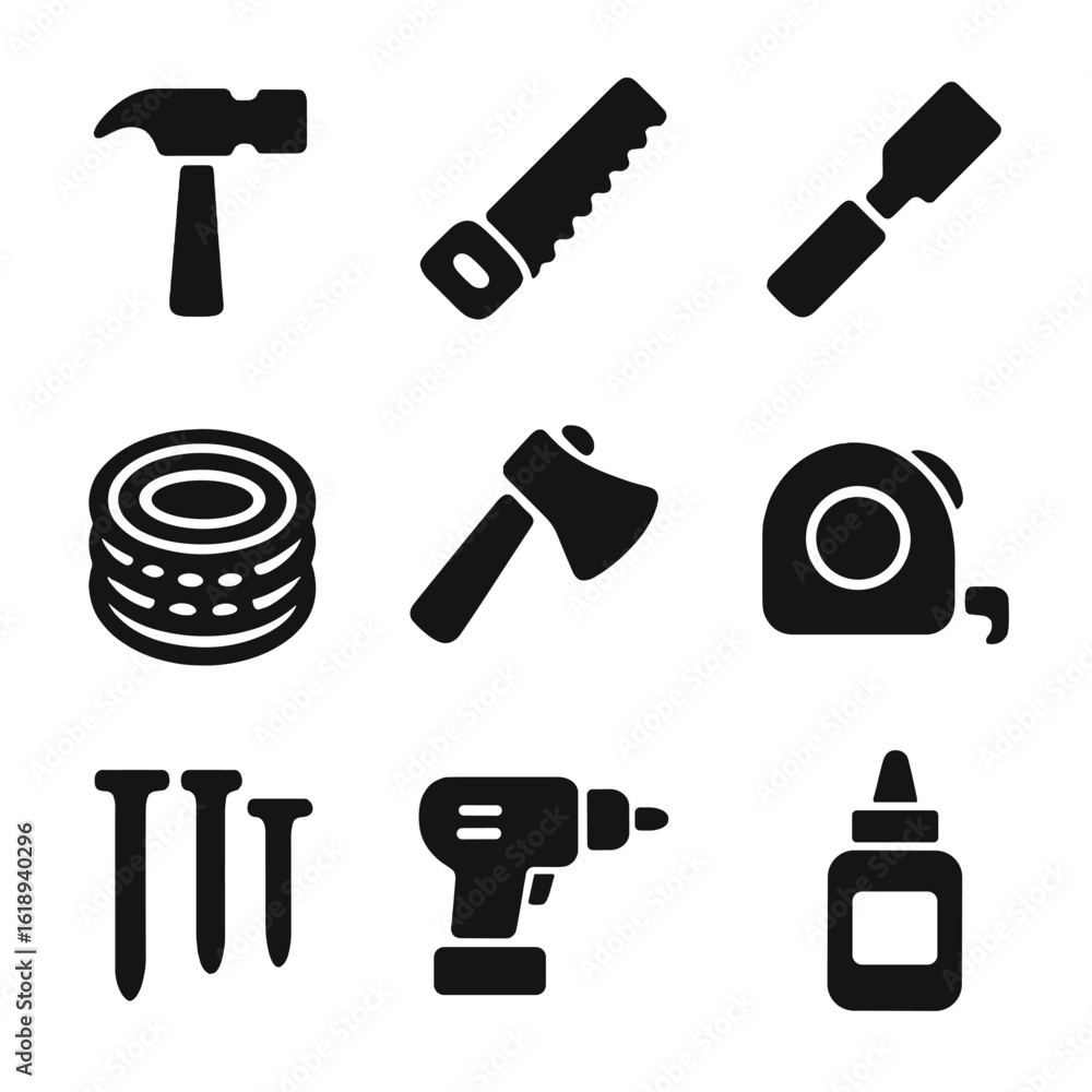 Poster rustic tool icons. solid, filled icon set of rustic bridge construction tools: hammer, saw, chisel, 