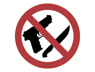 Vector art of a red prohibition sign with a gun and knife inside, indicating that weapons are not allowed in the area isolated on white background