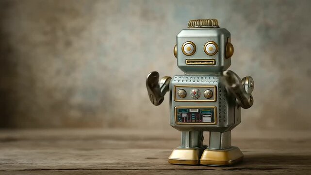 Vintage tin toy robot on a shelf illuminated by soft light