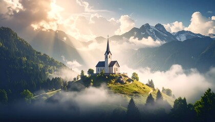 Mountain church bathed in golden sunlight