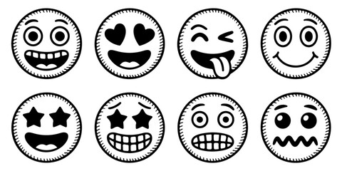 Expressive Emoji Icons Set Featuring Unique and Bold Facial Expressions in Black and White, perfect for various digital platforms.