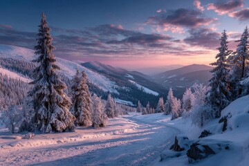 Winter mountain landscape during twilight features snow-covered evergreen trees and distant peaks under a pink and purple hued cloudy sky
