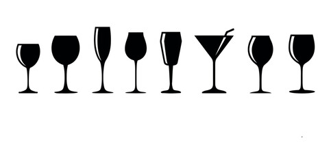 Vector art of a diverse collection of wine and cocktail glasses in silhouette, isolated on white background