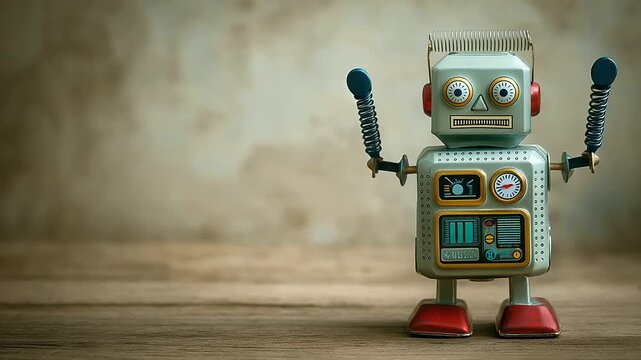 Vintage tin toy robot on shelf with nostalgic sci-fi charm
