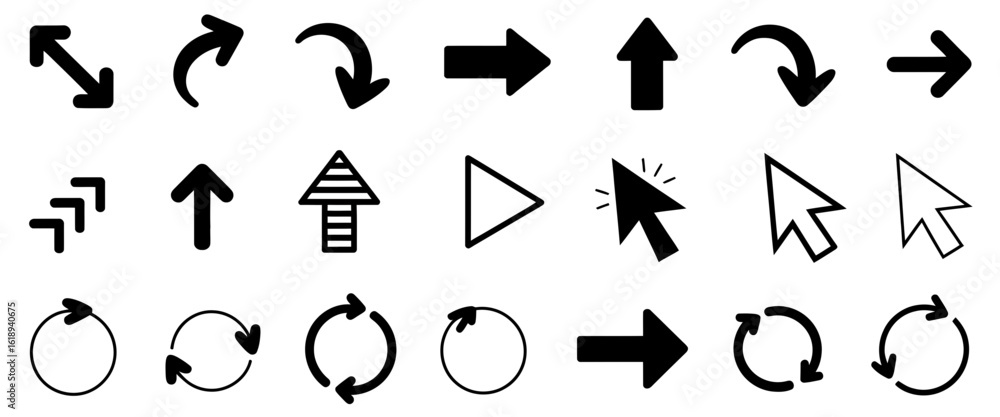 Poster collection of various arrow and cursor icons silhouette isolated on white background
