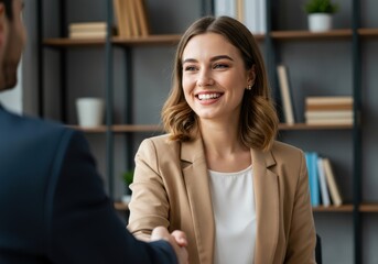 Smiling professional woman extends hand for a friendly greeting in a modern office setting with bookshelves