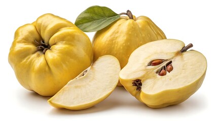 Whole and cut yellow quince fruit with leaf image
