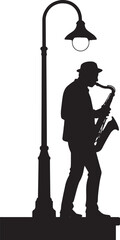 Musician playing saxophone under street lamp vector