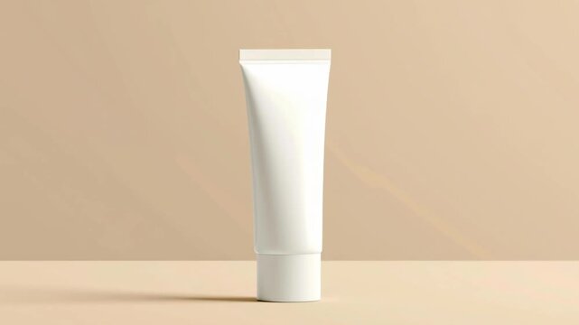 A white tube of toothpaste is sitting on a table. The tube is empty and has a plastic cap. The table is beige in color