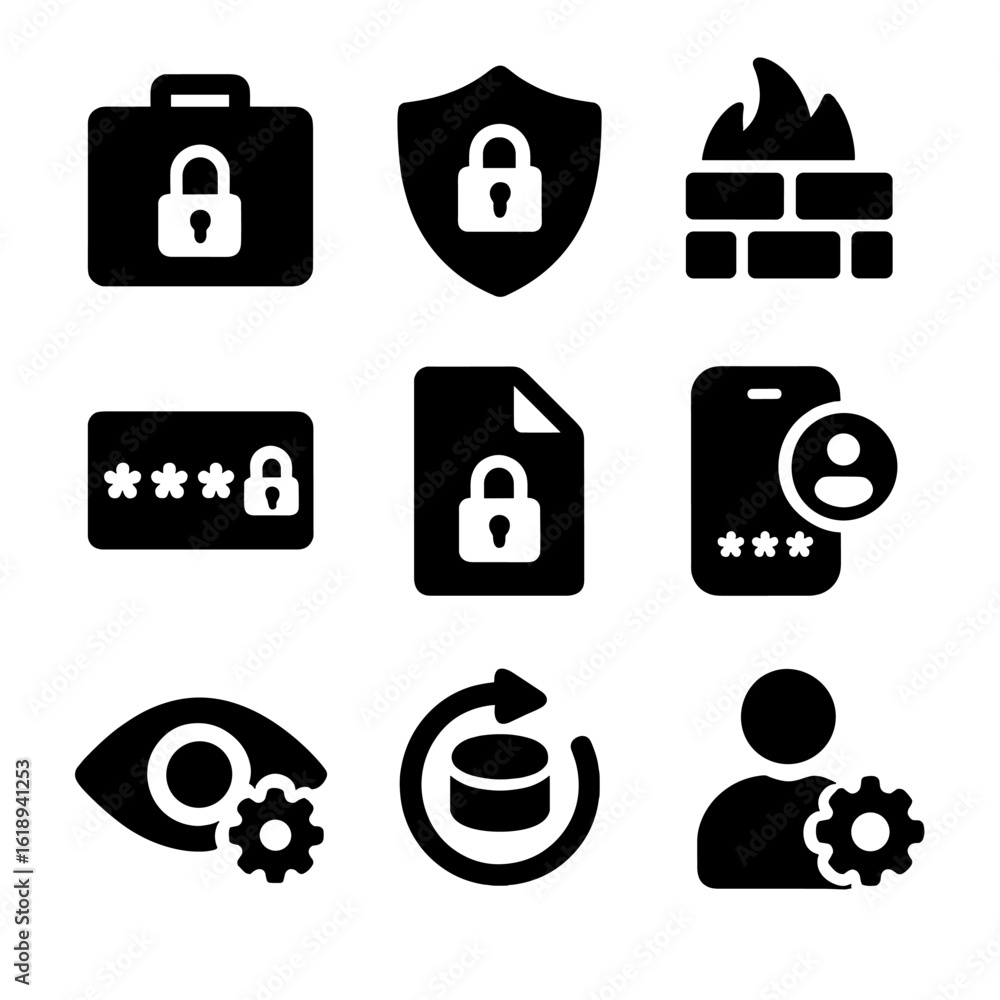 Poster security icons grid. solid, filled icon set of portfolio security features: lock, shield, firewall, 