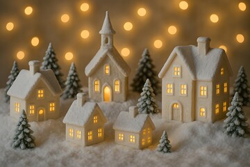 Handcrafted Ceramic Christmas Town with Snowy Houses and Fairy Lights