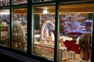 Festive Window Display with Wooden Christmas Decorations