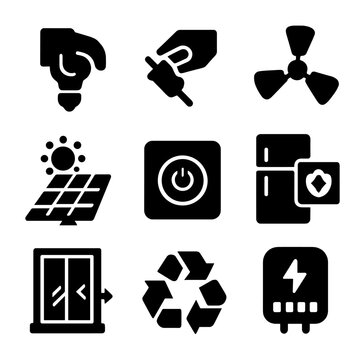 Icon Sets Collection. Solid, filled icon set of household energy efficiency habits: turning off lights, unplugging devices, using