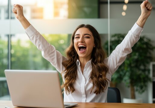 Excited woman celebrates success with arms raised high in front of laptop screen in a brightly lit workspace