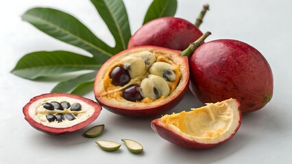 Red ackee fruit cut open showing white pulp and dark seeds