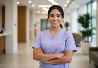 Smiling healthcare professional in scrubs stands confidently with arms crossed in a bright modern medical facility corridor