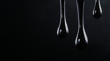 Black liquid dripping on dark background with highlights and bubbles  